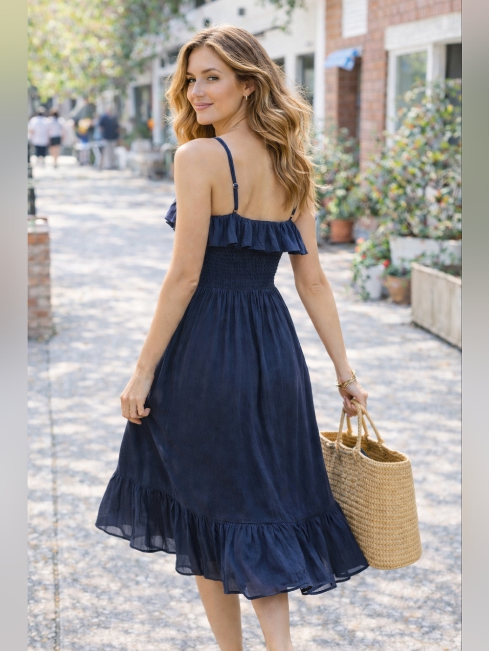 Navy Blue Smocked Midi Dress Flowy Ruffle Summer Wedding Guest
